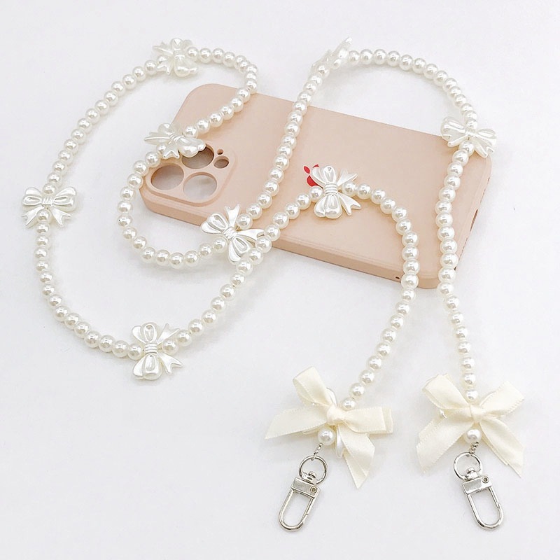 Yilian Jewelry New Pearl Bow Diagonal Cross Small Fragrant Wind Hanging Phone Case Pendant Single Shoulder Back Chain Female