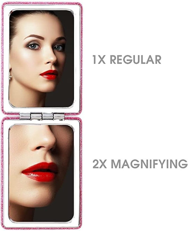 Cute Pink Compact Small Magnifying Travel With Glitter,portable 2 X 1x Magnification Folding Pocket Makeup Cosmetic Mirror Round Rectangle Espejo Cosm