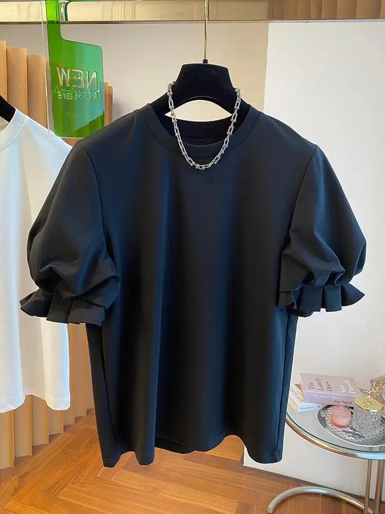 OCEANLOVE T Shirt for Women Puff Sleeve Solid Ruffles Sweet Spring Summer Ropa De Mujer Korean Fashion Retro Loose Tees 240906