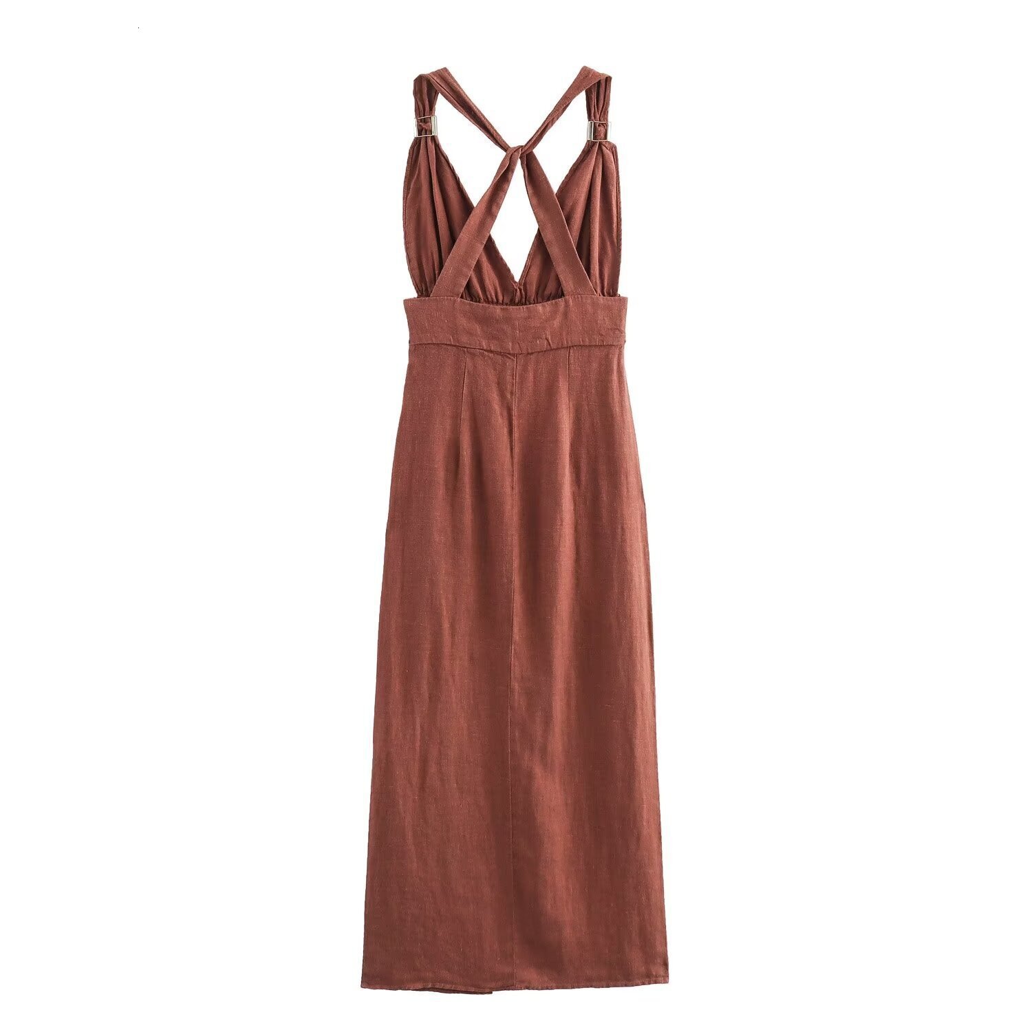 V-neck Womens Fashion Autumn Linen Backless Cross Blended Suspender Dress New Product