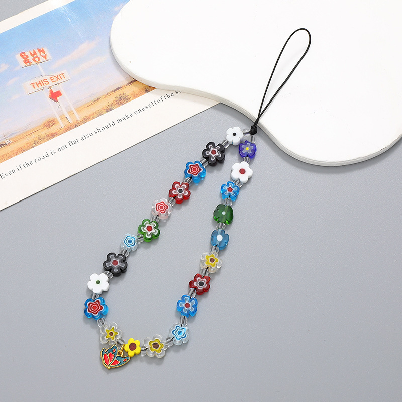 Ins style new colorful glass small flower bead mobile phone chain, mobile phone hanging rope, anti fall hanging decoration pendant