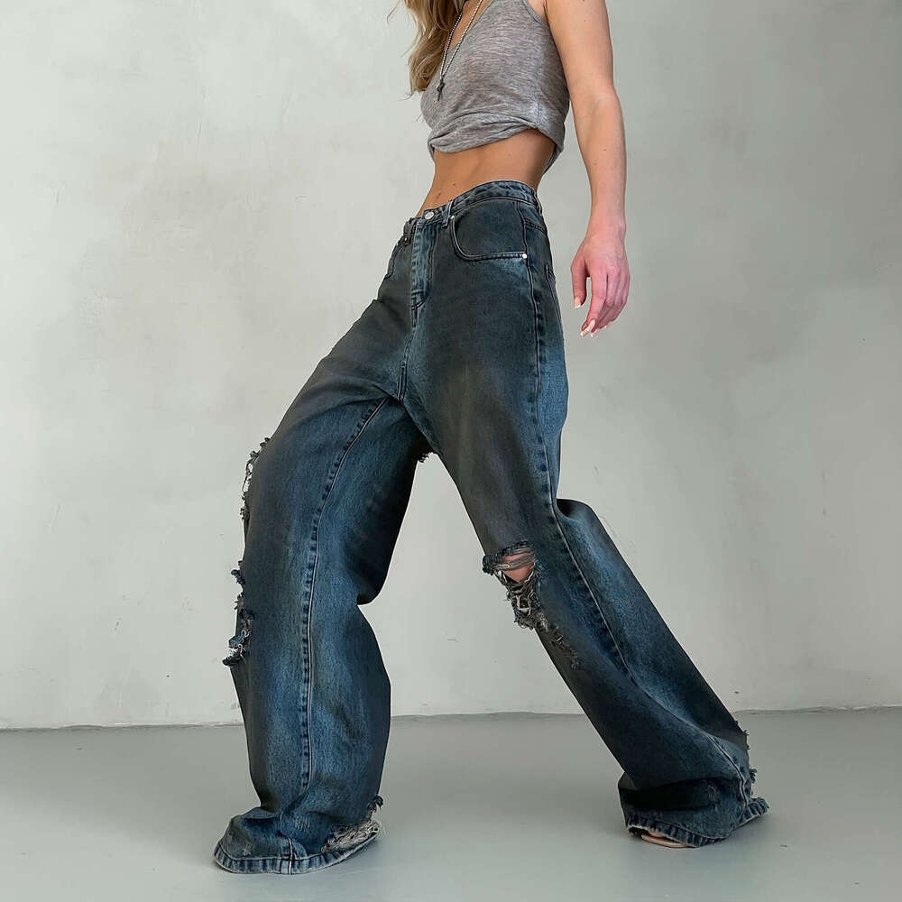 Cut through personalized denim pants, ripped holes, tassels, blue straight leg, loose jeans, street style, rebellious mom, fighting clothing
