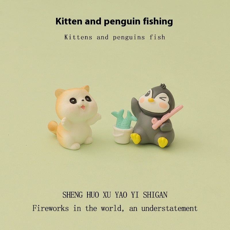New Creative Cute Ins Kitten Penguin Fishing Micro Landscape Gardening DIY Home Decoration Desktop Ornament