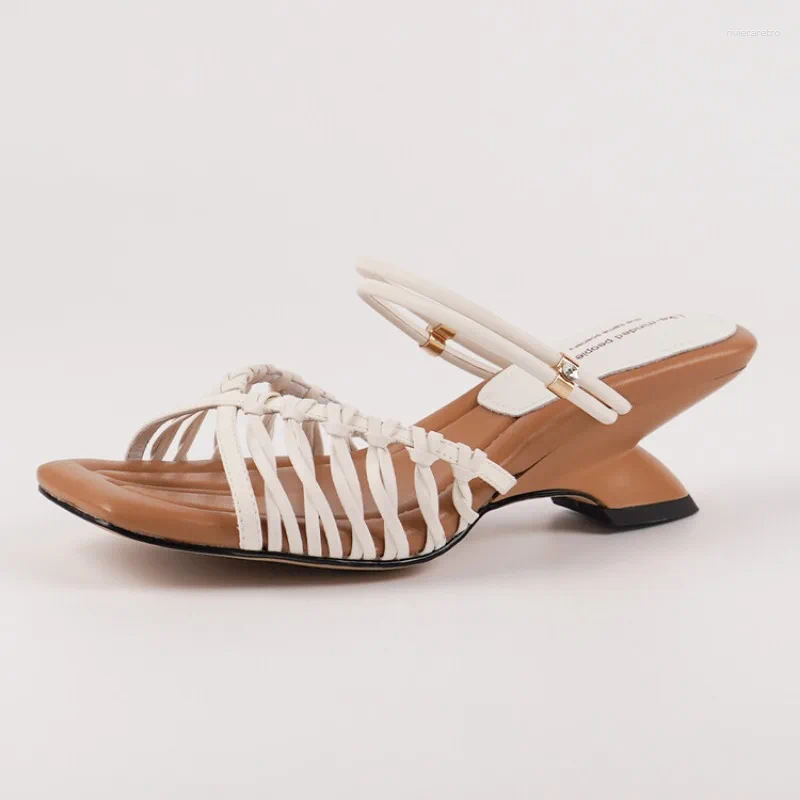 Dress Shoes Irregular 5.5cm Low Heel Outdoor Slippers European American Women's Summer Fashion Hollowed Out Glod Black Handmade Sandals