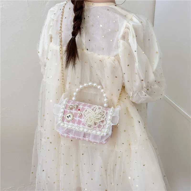Novice Bag Mini Purse Lattice Girls Bag Wool Bag for Childrens Pink Girls Purses and Pearl Handheld Shoulder Bag W240906