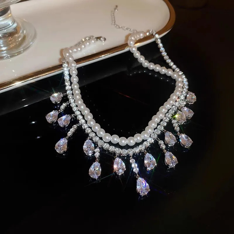 Multi layer simulated pearl chain necklace used for parties weddings women luxurious charm simulated crystal zircon necklace 240906