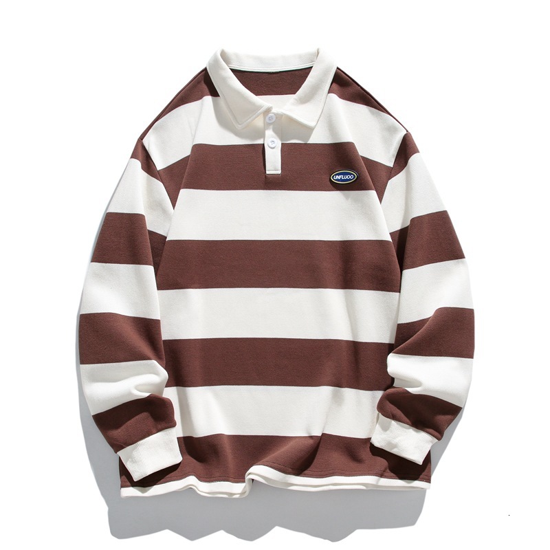Men Striped Print Letter Patched Polo Neck Sweatshirt