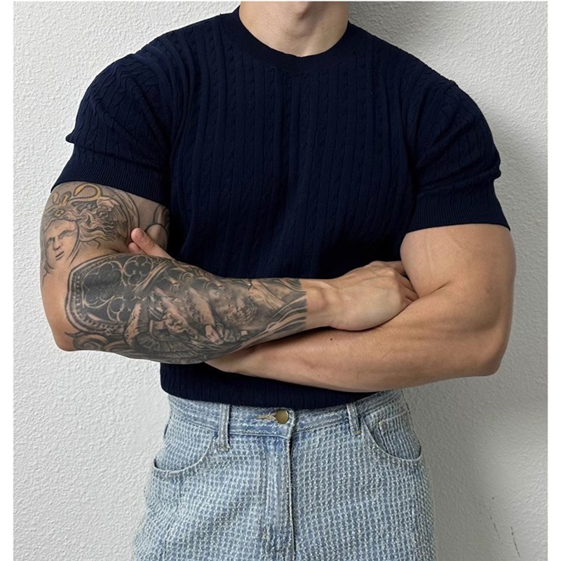Men's Solid Color Knitted Short Sleeve Top