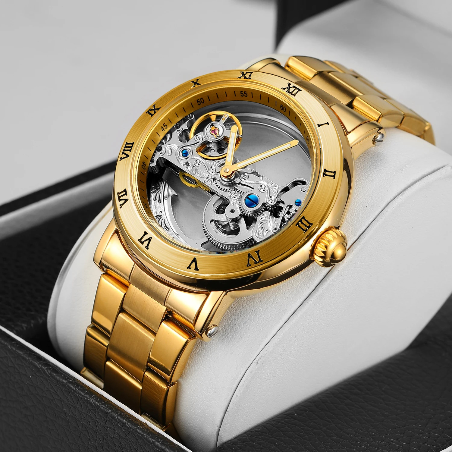 Vintage Mechanical Watches Golden Bridge Skeleton Automatic Mens Watch Genuine Leather Belt Carved Movement Luminous Hand 240906