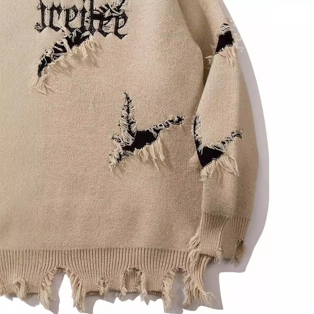 Men's Streetwear Loose Fit Sweater With Letter Embroidery, Scratches And Holes, Autumn And Winter