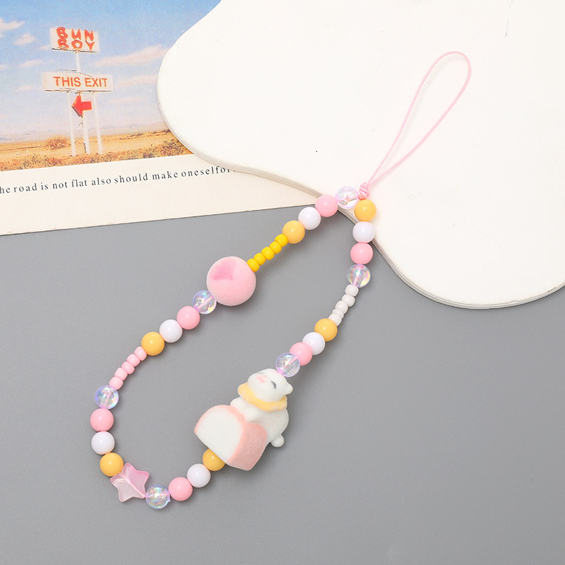 Yi Lian's New Flocking Doll Beaded Mobile Phone Chain Short Hand Case Hanging Rope Small Fresh High Grade Wrist Strap