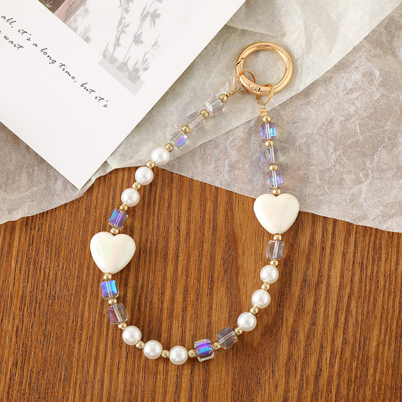 Creative new crystal bead pendant plated with colorful heart lanyard, fashionable and versatile phone case keychain decoration