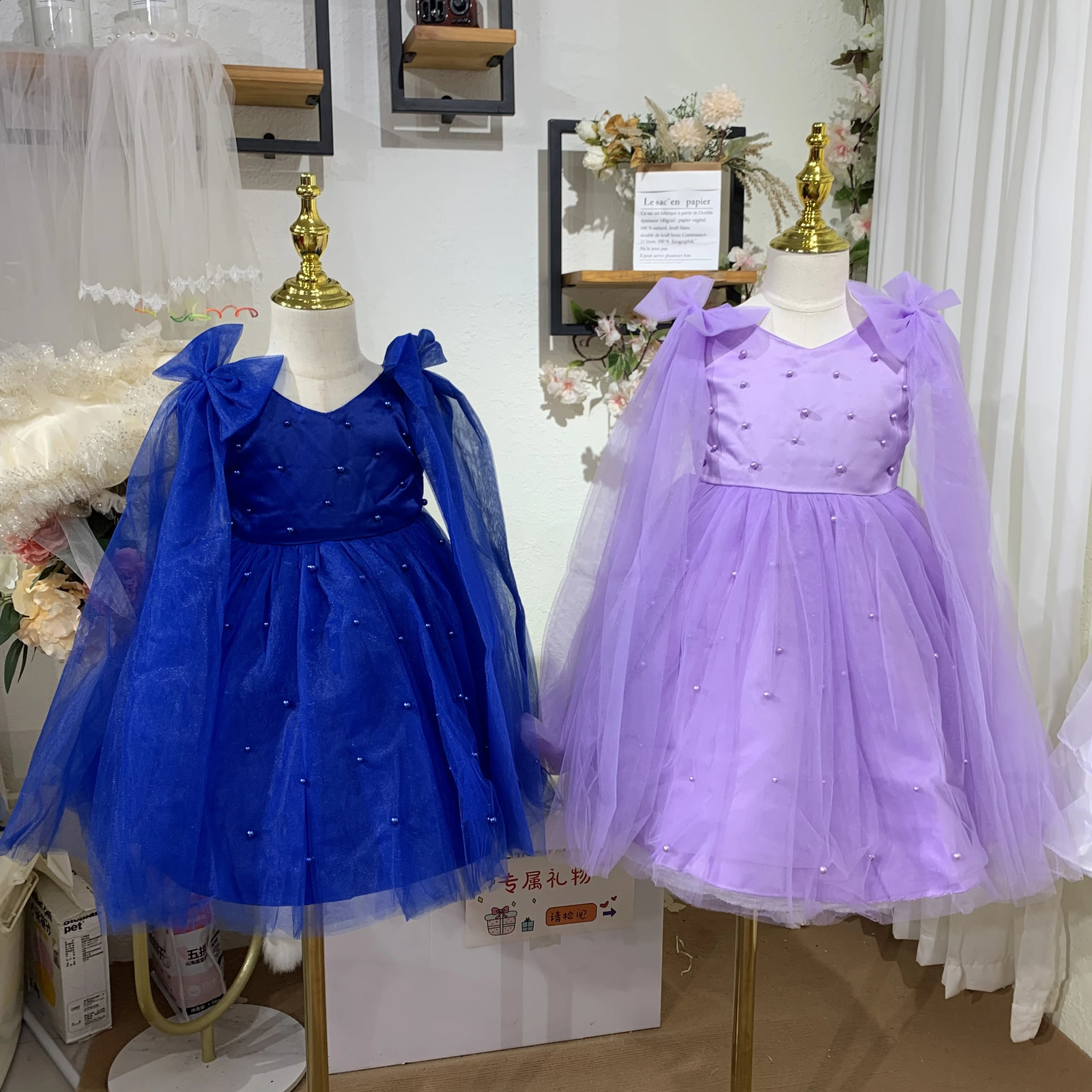 Cute little girl dress pearl net childrens dress princess dress 1-5 years old elegant floral day and evening dress 19105 240902