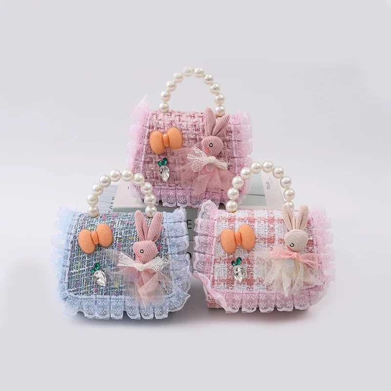 Girls childrens bag bow cartoon lace childrens bag boutique fashion pearl handbag fashion chain cross body girls bag W240906