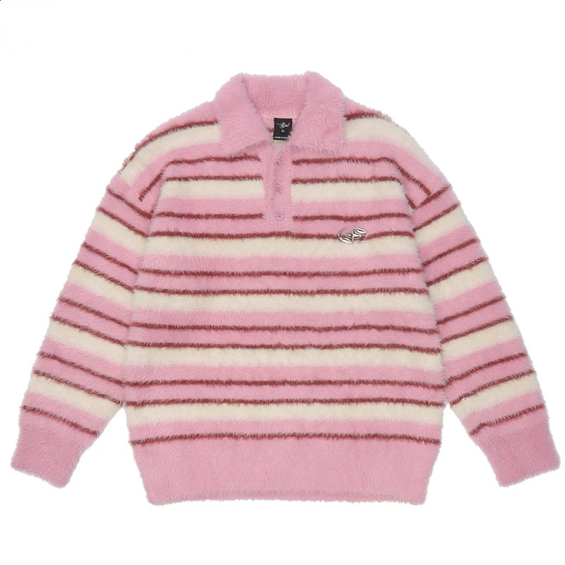 Harajuku Knitted Sweater Mens Y2K Mohair Pink Striped Turndoor Collar Pullover College Style Casual Loose Parachute Winter Top 240907