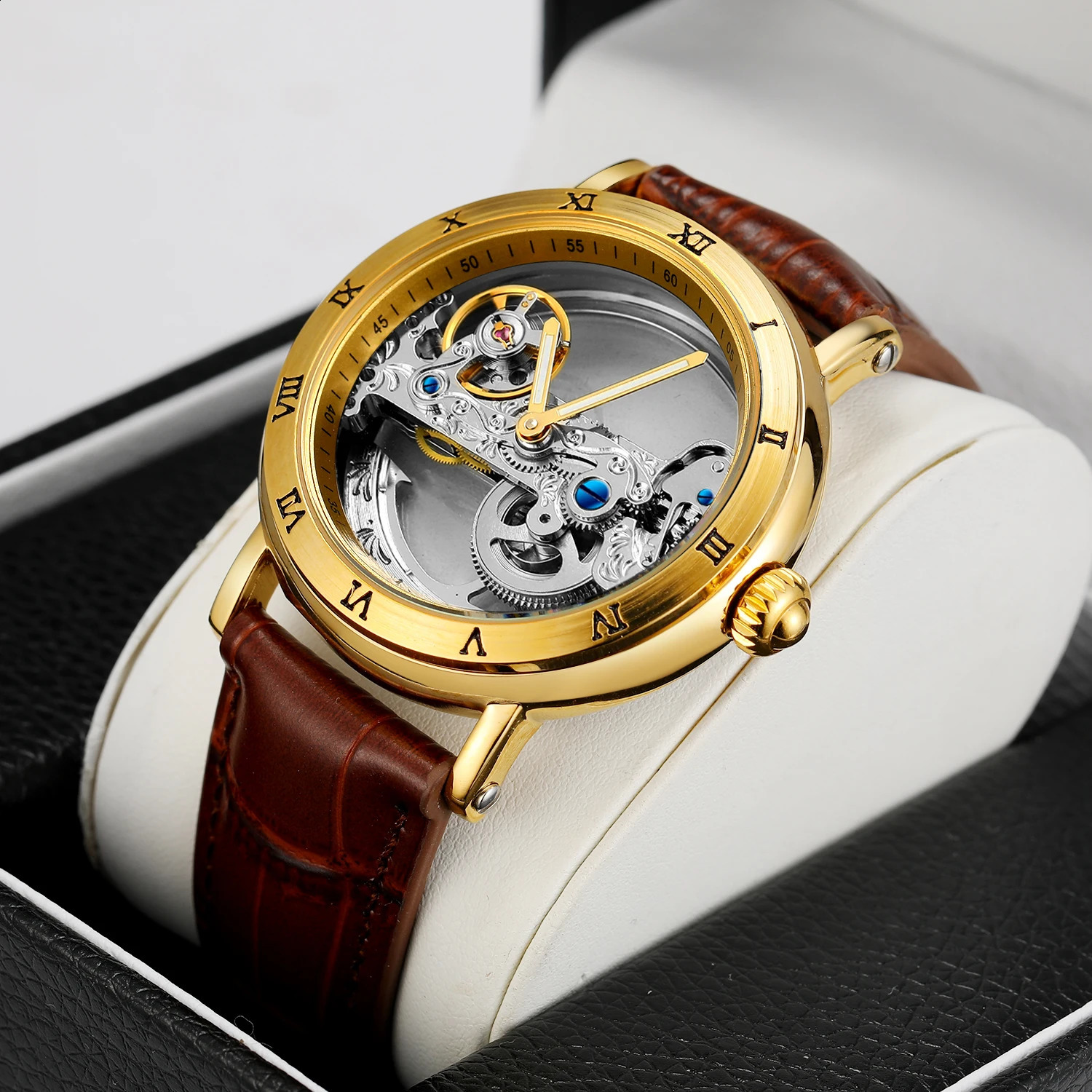 Vintage Mechanical Watches Golden Bridge Skeleton Automatic Mens Watch Genuine Leather Belt Carved Movement Luminous Hand 240906
