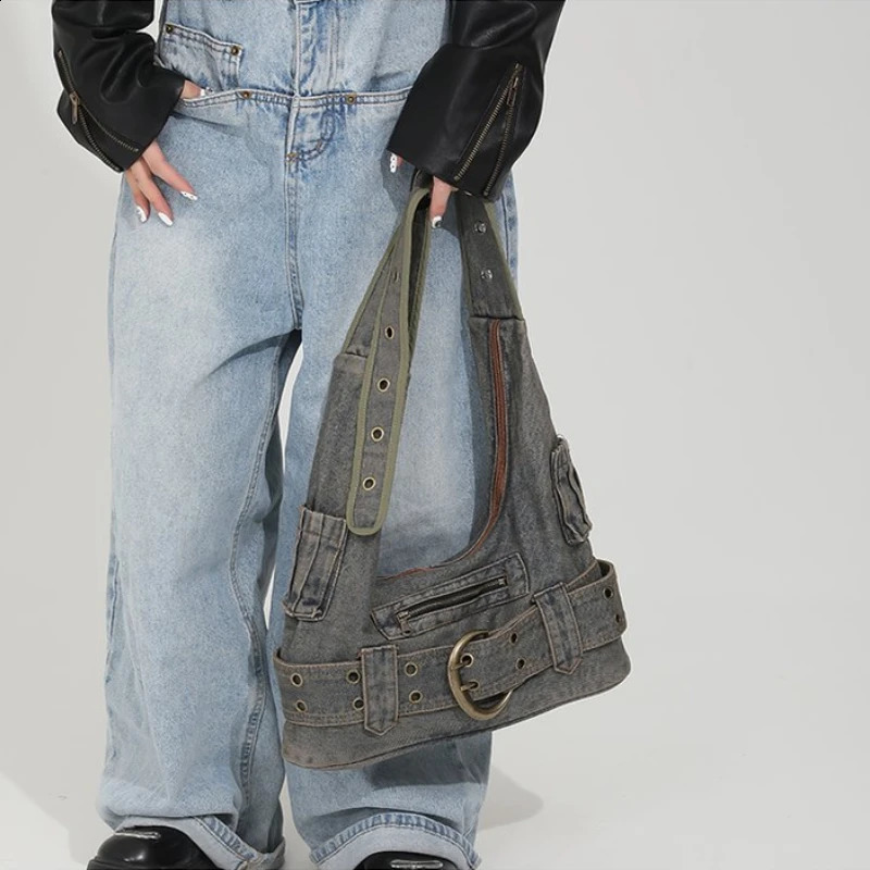 Denim Zipper Youth Crossbody Bags 2024 High Quality Sense Shoulder Unique n Wide Straps Tote for Women 240906