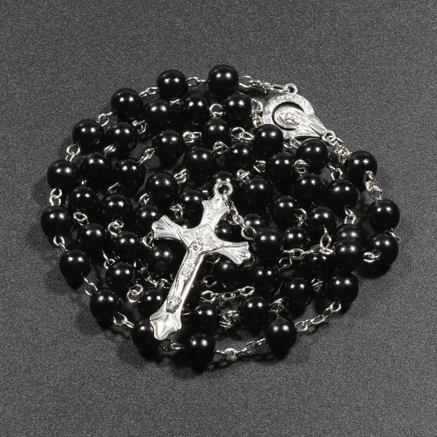 Religion Christian Artificial Pearl Rose Necklace Female Virgin Mary Jesus Cross Pendant Long Bead Chain Fashion Jewelry 240906