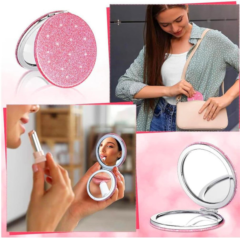 Cute Pink Compact Small Magnifying Travel With Glitter,portable 2 X 1x Magnification Folding Pocket Makeup Cosmetic Mirror Round Rectangle Espejo Cosm