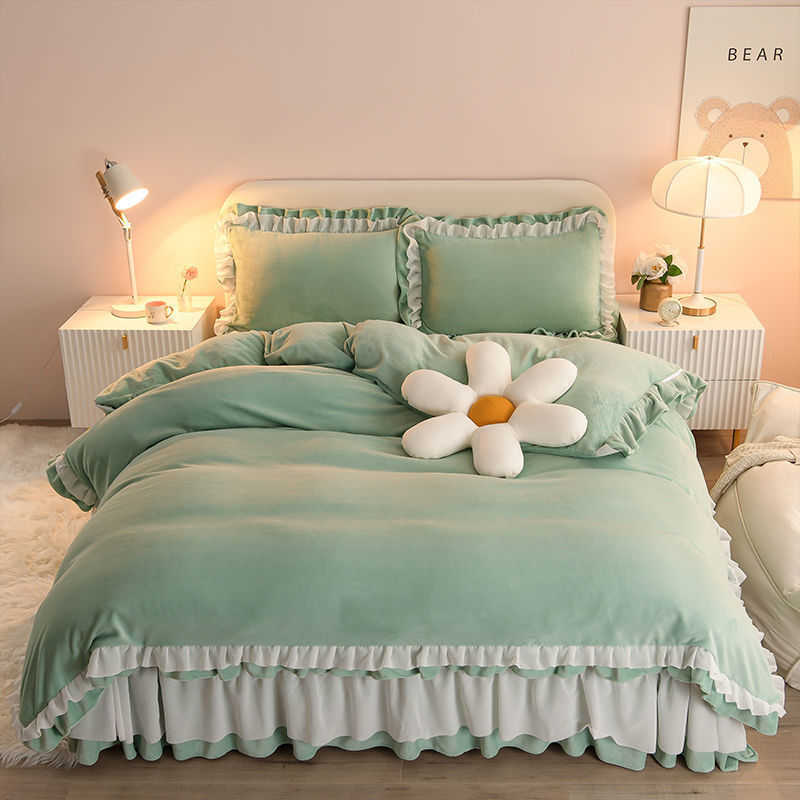 style double-sided PLUSH thickened milk PLUSH four piece bed sheet quilt cover coral PLUSH bedding autumn and winterX240907