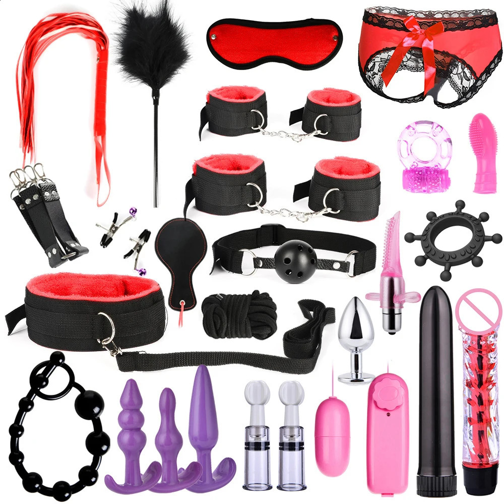 Sextoy Bdsm Kit Set Vibrator Handcuff Neck Sex Toy Adult Couple Whip Anal Buttplug for Women Men Intimate Sexual Game Bondage 240904