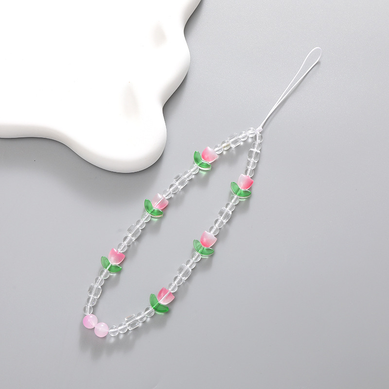 Korean version of early spring pink tulip flower girls, bead chain mobile phone case hanging ornament for girls