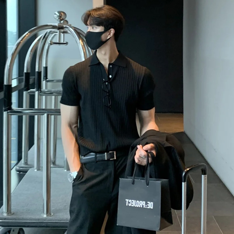 Hong Kong Sle Lapel Polo Shirt Short sleeve Mens Fashion Loose Casual Summer Thin Solid Knit T-shirt Bottoming Shirt 240826