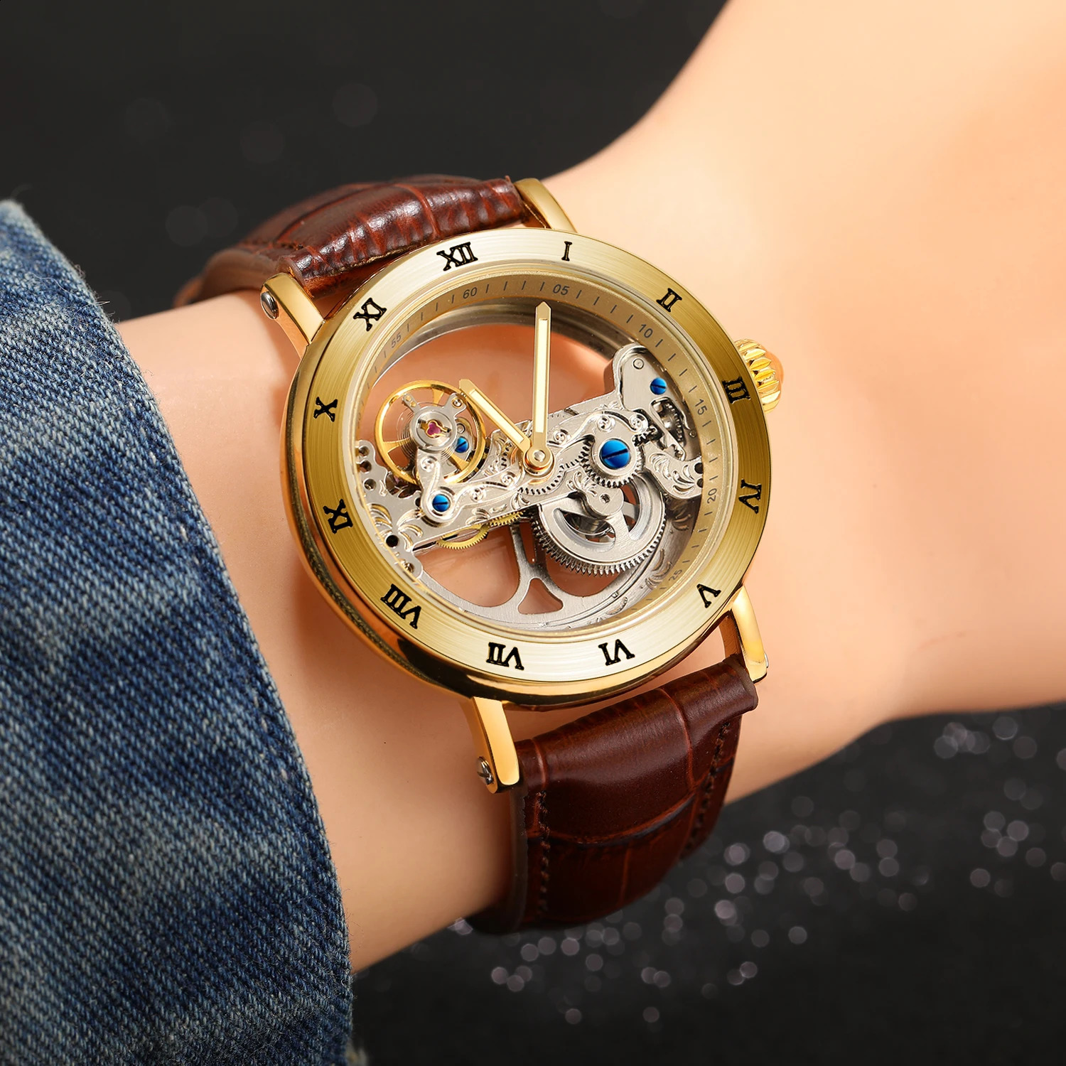Vintage Mechanical Watches Golden Bridge Skeleton Automatic Mens Watch Genuine Leather Belt Carved Movement Luminous Hand 240906