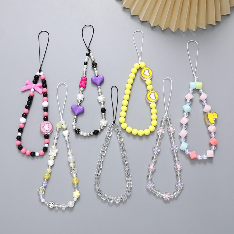 Sweet and cool style bow bead mobile chain, colorful mixed color phone case, anti drop pendant, wrist strap hanging accessory
