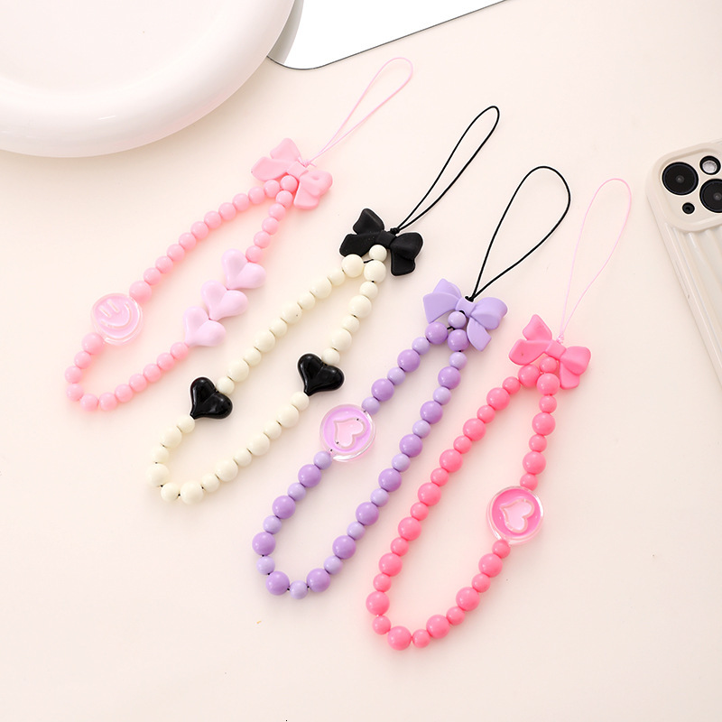 Yilian's new acrylic bead chain with personalized and creative color bow, mobile phone hanging rope, anti fall wrist strap