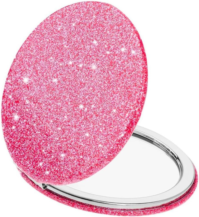 Cute Pink Compact Small Magnifying Travel With Glitter,portable 2 X 1x Magnification Folding Pocket Makeup Cosmetic Mirror Round Rectangle Espejo Cosm