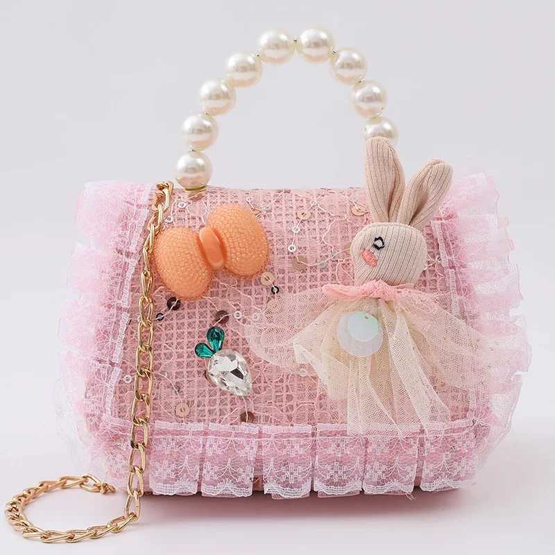 Girls childrens bag bow cartoon lace childrens bag boutique fashion pearl handbag fashion chain cross body girls bag W240906