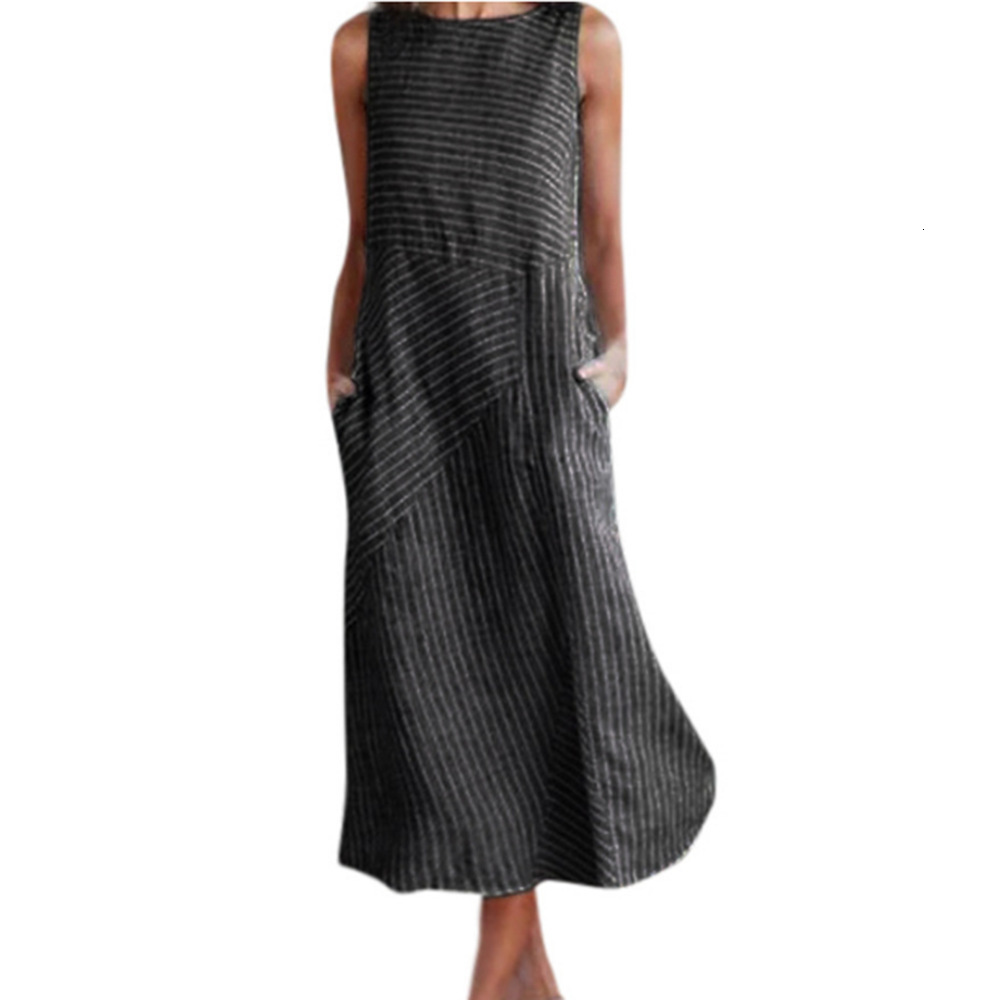 Stripe Round Neck Sleeveless Oversize Fitted Dress