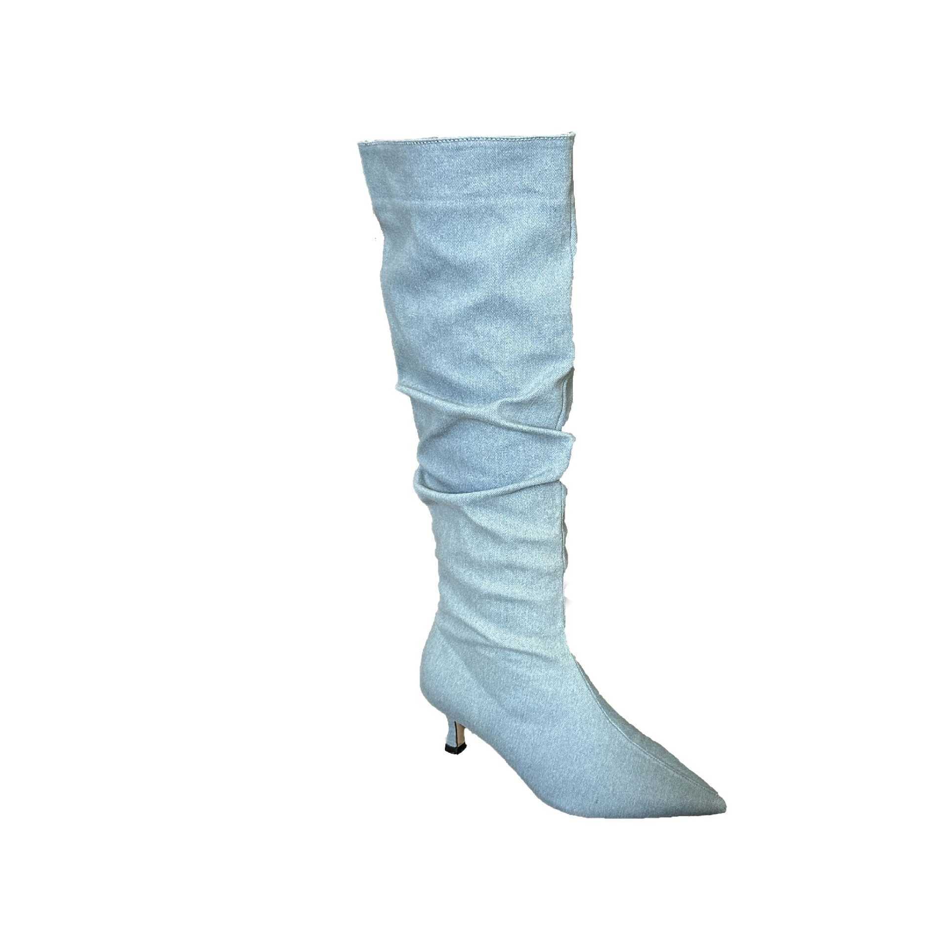 Autumn And Winter New Mid Heeled Slim Denim Blue Pile Boots With High Toe Slim Heel And Pleats Niche High-heeled Long Boots 240826