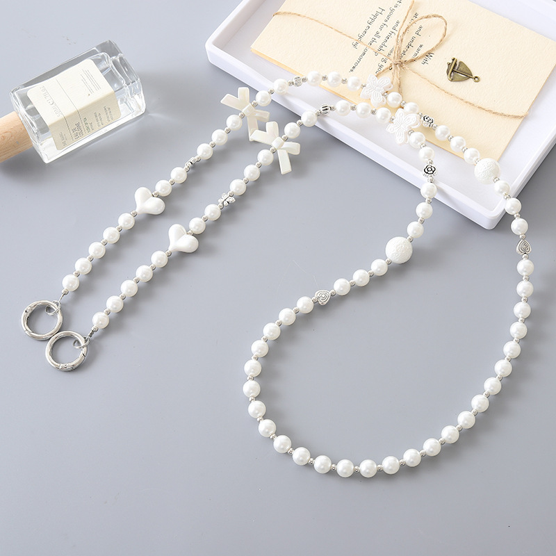 New pearl love bow crossbody chain, luggage keychain pendant, long phone hanging rope, can be carried and anti lost rope