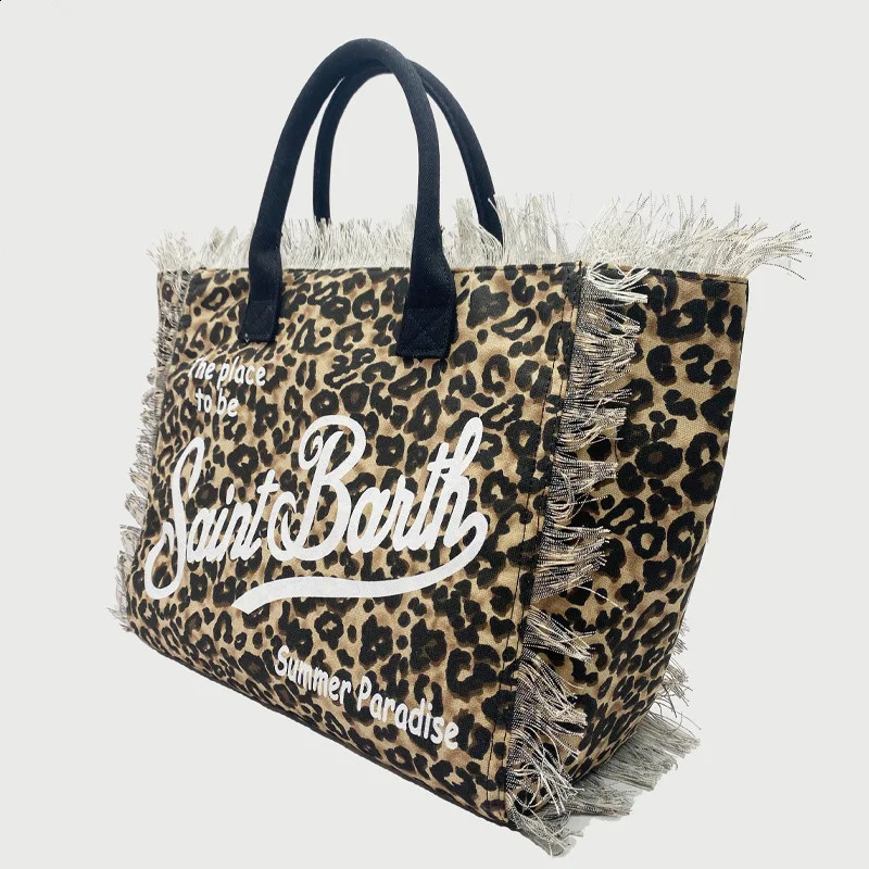 Leopard Pattern Large Capacity Canvas Tassel Handbag Womens Summer Zipper Shoulder Bag 240904