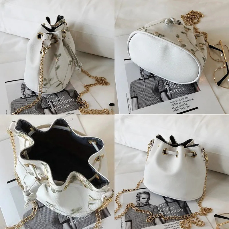 Bohemian style canvas drawstring bucket bag pearl shoulder bag womens messenger bag 240904