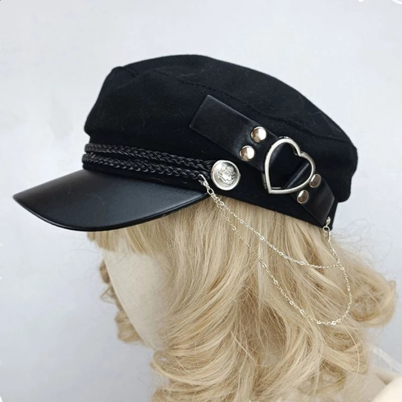 Lolita Girls Felt Beret Cap with Love Heart Buckle Belt Womens Fashion Tassel Chain Octagonal Hat Adult Party Role Playing Hat 240829