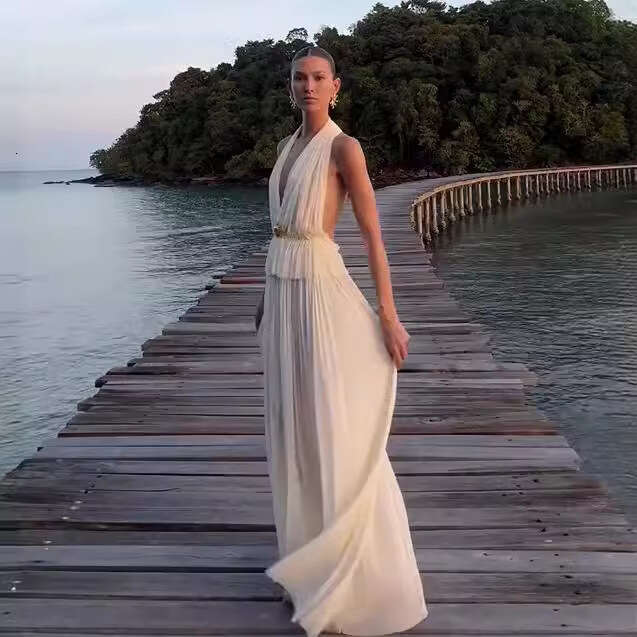 2024 spring/summer women's dress with elegant temperament, backless hanging neck top, pleated skirt set 8