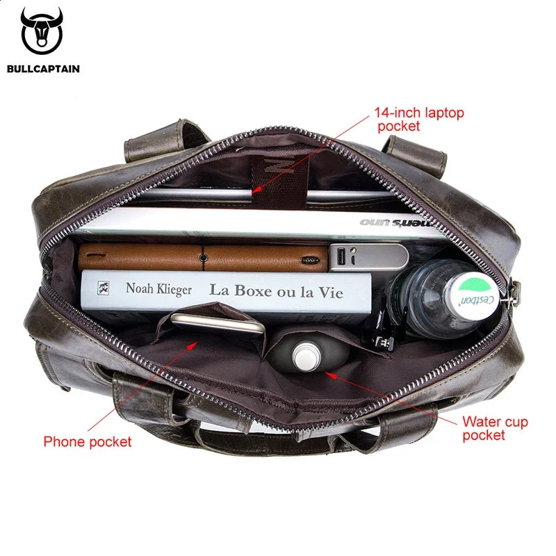 Bullcaptain mens genuine leather briefcase 14 inch laptop case casual shoulder messenger bag handbag work office 042 240906