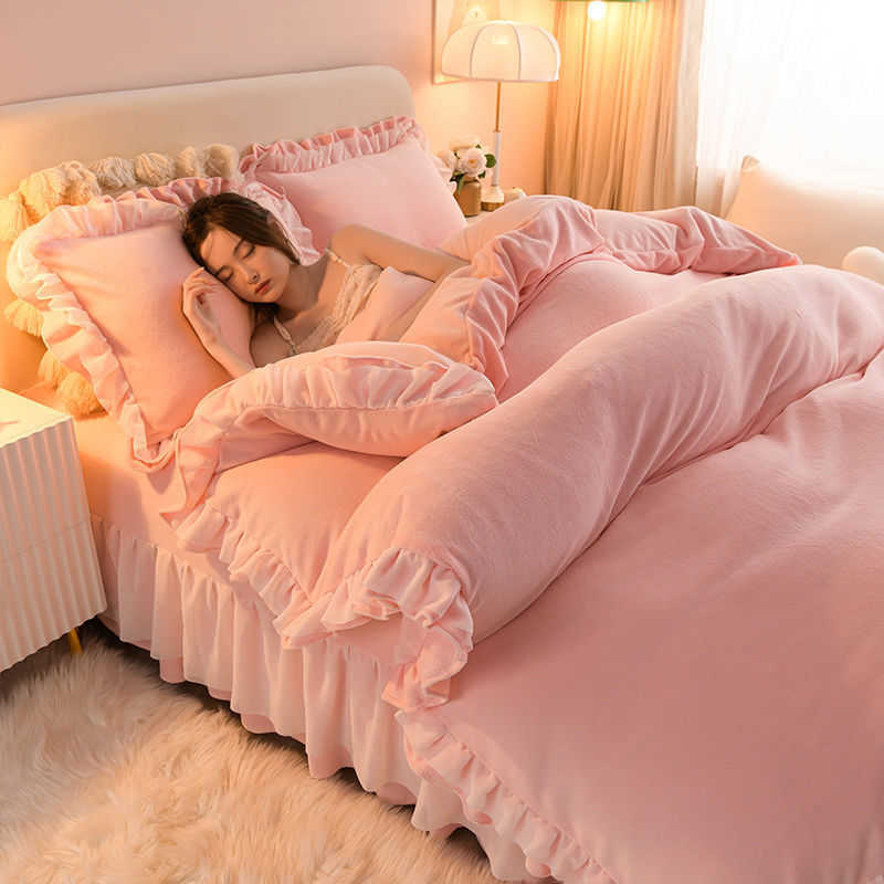 style double-sided PLUSH thickened milk PLUSH four piece bed sheet quilt cover coral PLUSH bedding autumn and winterX240907