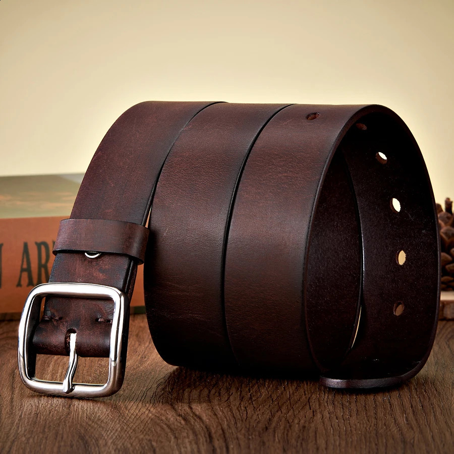 3.8CM Men Anti Allergy Stainless Steel Buckle Belt Vintage Cowskin Thick Real Genuine Leather Belt Male Cowhide Retro Jeans Belt 240906