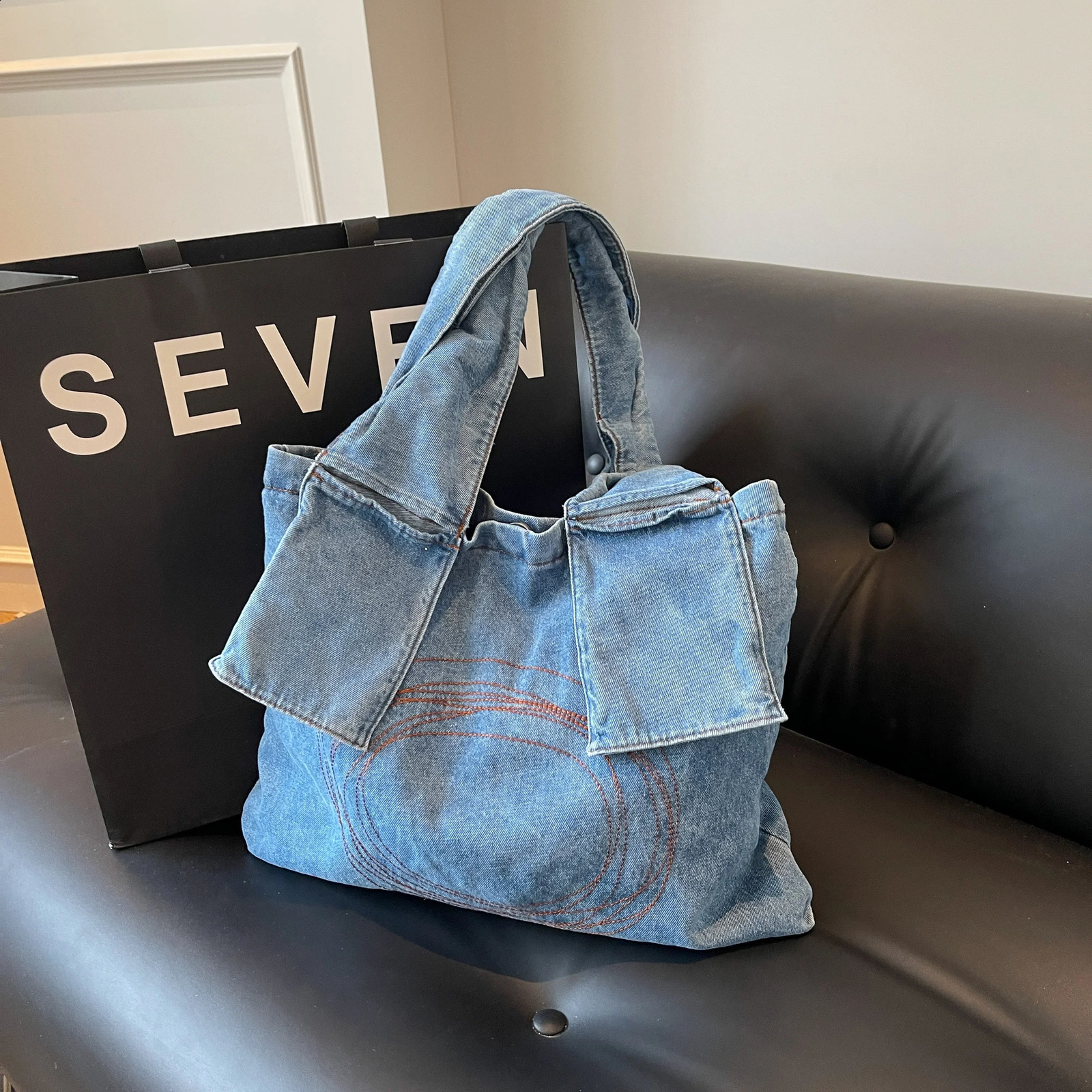 1 piece of high-capacity denim fabric summer casual single shoulder tote bag shopping bag 240903