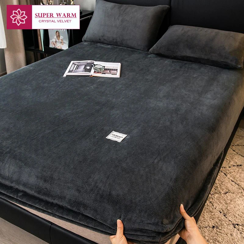 WOSTAR soft warm and snug bed Sheet elastic bedding fluffy coral fleece linen winter double deluxe 240903