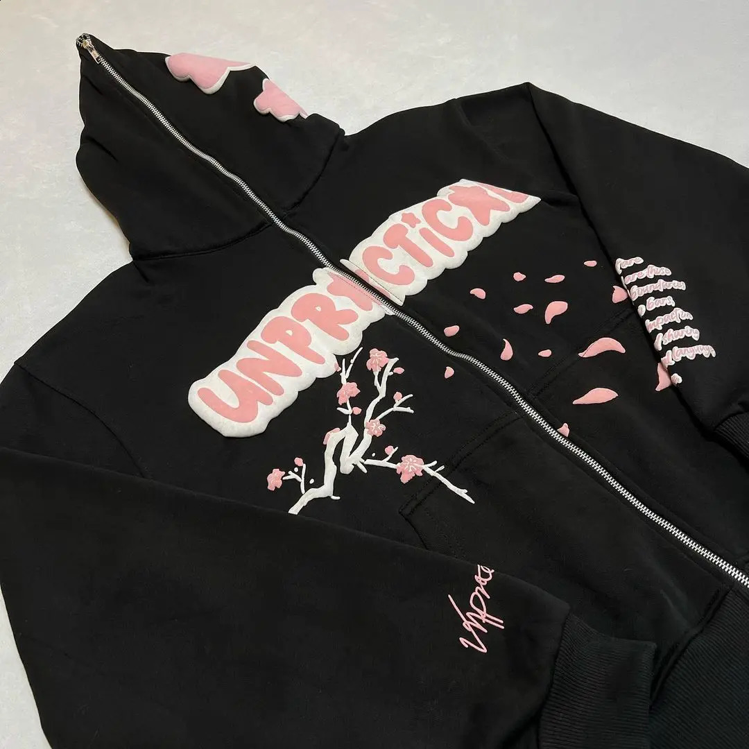 Winter romantic cherry blossom letter pattern loose zipper hoodie y2k street Japanese niche clothing casual long-sleeved jacket 240905