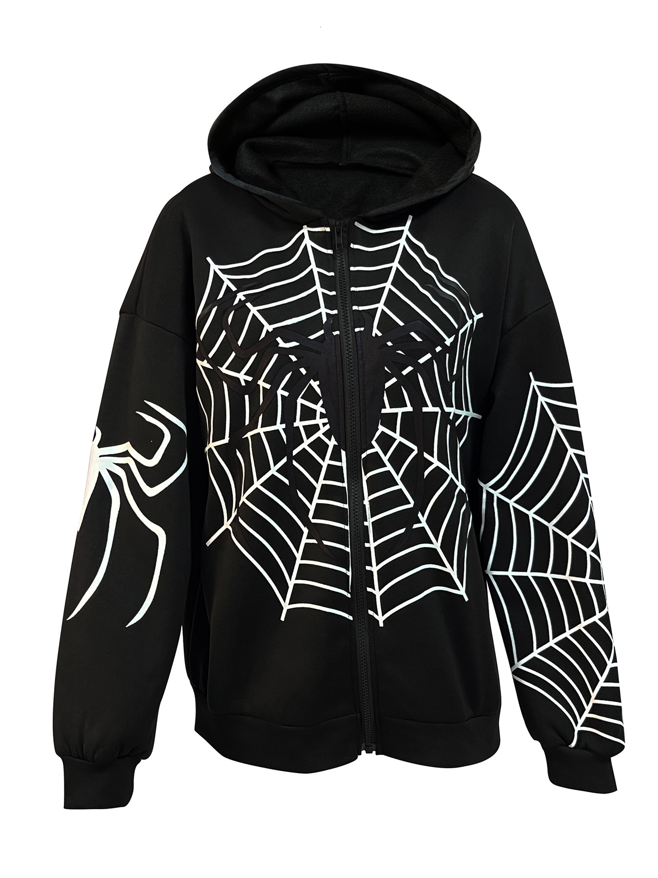 EZwear Plus Spider Web Print Zip Up Drop Shoulder Hoodie Loose Y2K Casual hooded