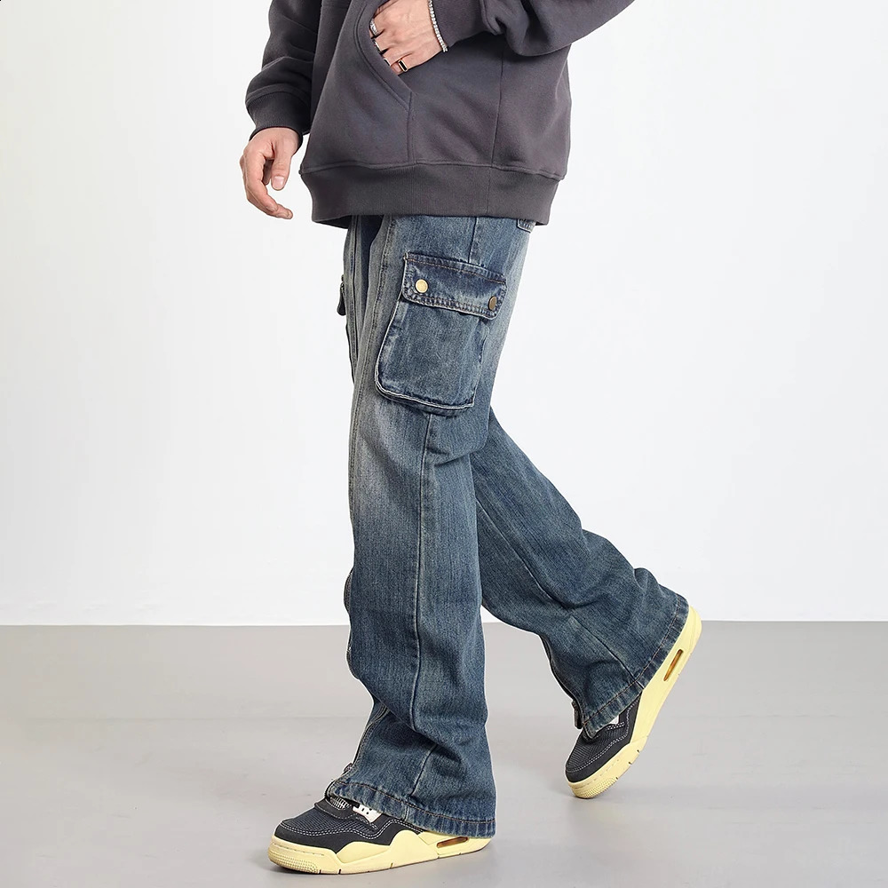 Commodity jeans mens large pocket straight leg bag street casual fashion autumn blue retro clothing winter 240904