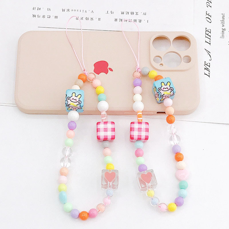 Yilian's new printed block bunny chain short bead phone anti fall hand rope hanging ornament pendant