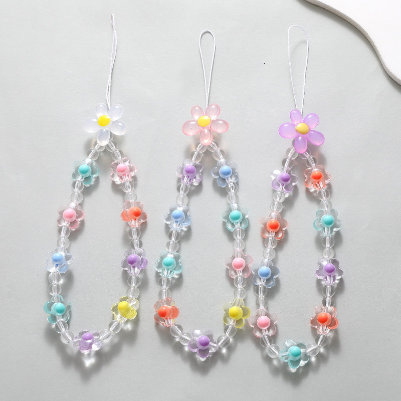 Acrylic flower chain bead mobile phone hanging anti fall wrist strap short hand rope for women
