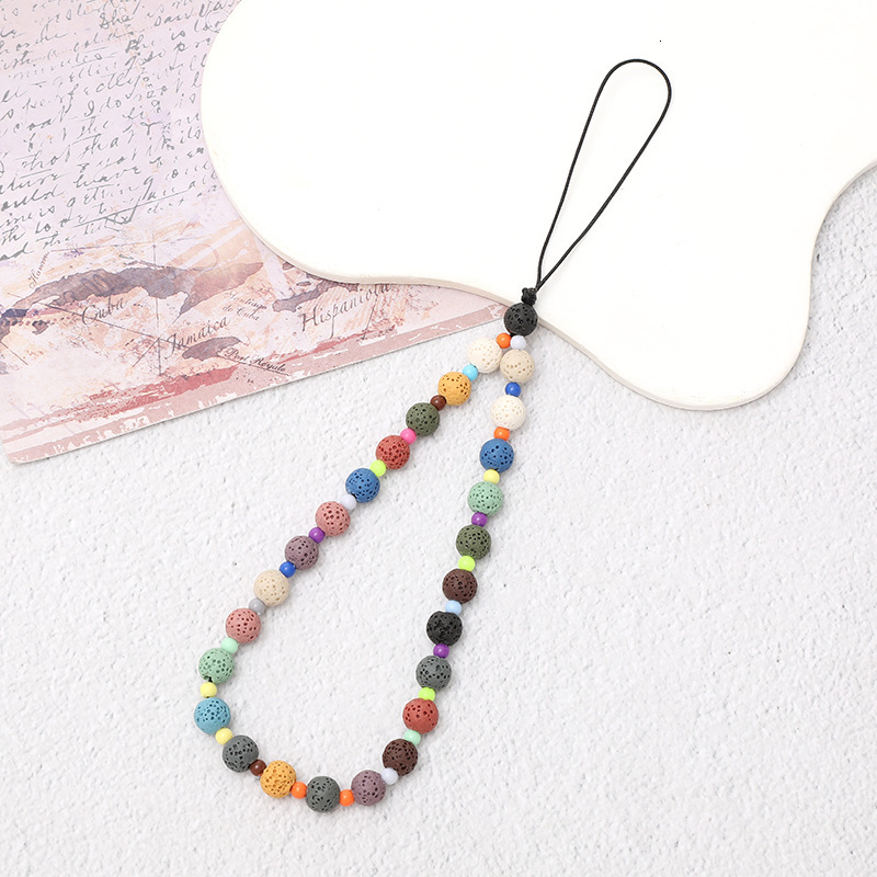 Creative new natural volcanic stone mobile short style colorful bead bracelet phone case hanging rope anti fall chain for women